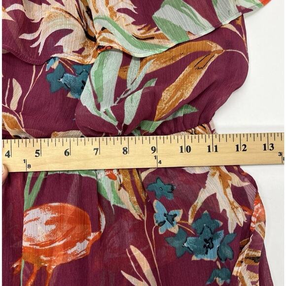 Express Women Maroon Floral Maxi Dress XS Ruffle High Low Flowy Fairy Festival - Picture 13 of 16
